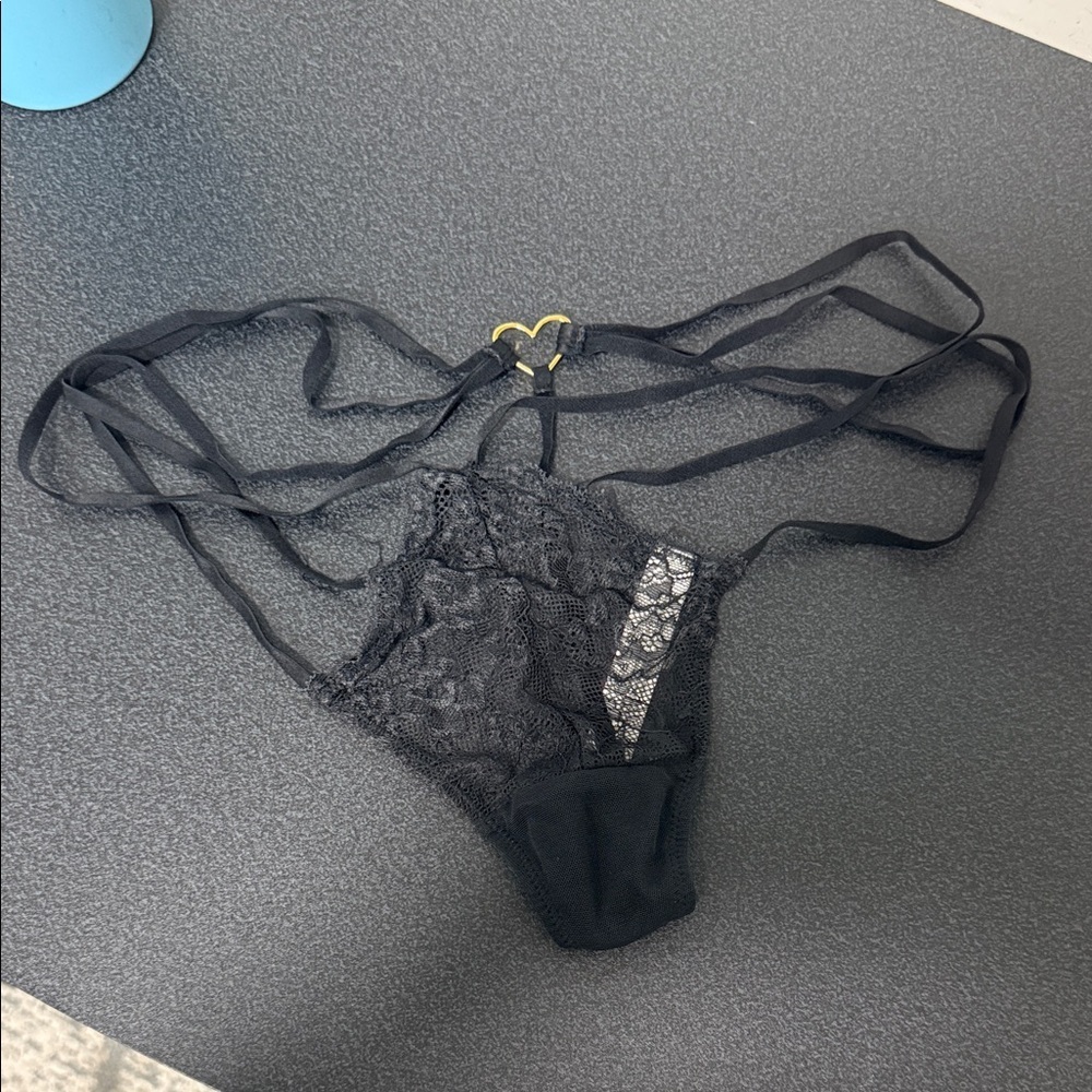 Adore Me Black Lace Heart-Accent Strappy Thong
